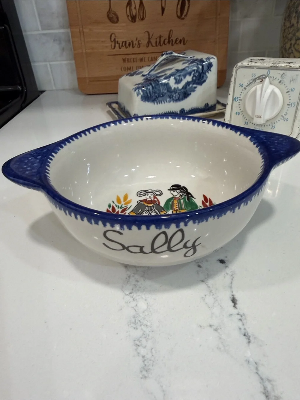 Any one named Sally? Ceramic Serving Bowl - Blue and White Vintage